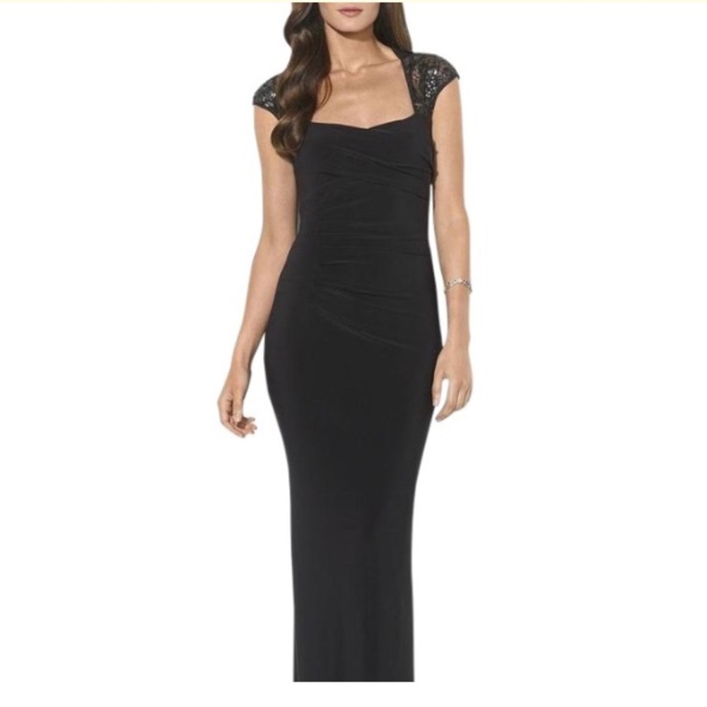 Black sequin shoulder evening gown